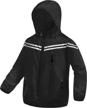 CREATMO US Boys Girls Rain Coat Kids Reflective Cycling Jacket Waterproof Packable Children Windbreaker With Removable Hood