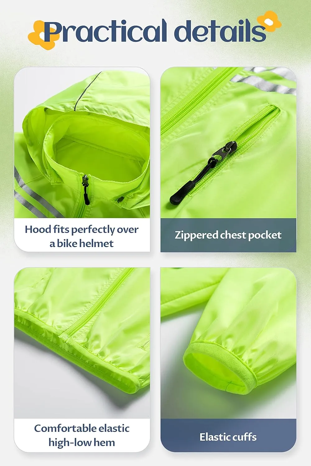 CREATMO US Boys Girls Rain Coat Kids Reflective Cycling Jacket Waterproof Packable Children Windbreaker With Removable Hood
