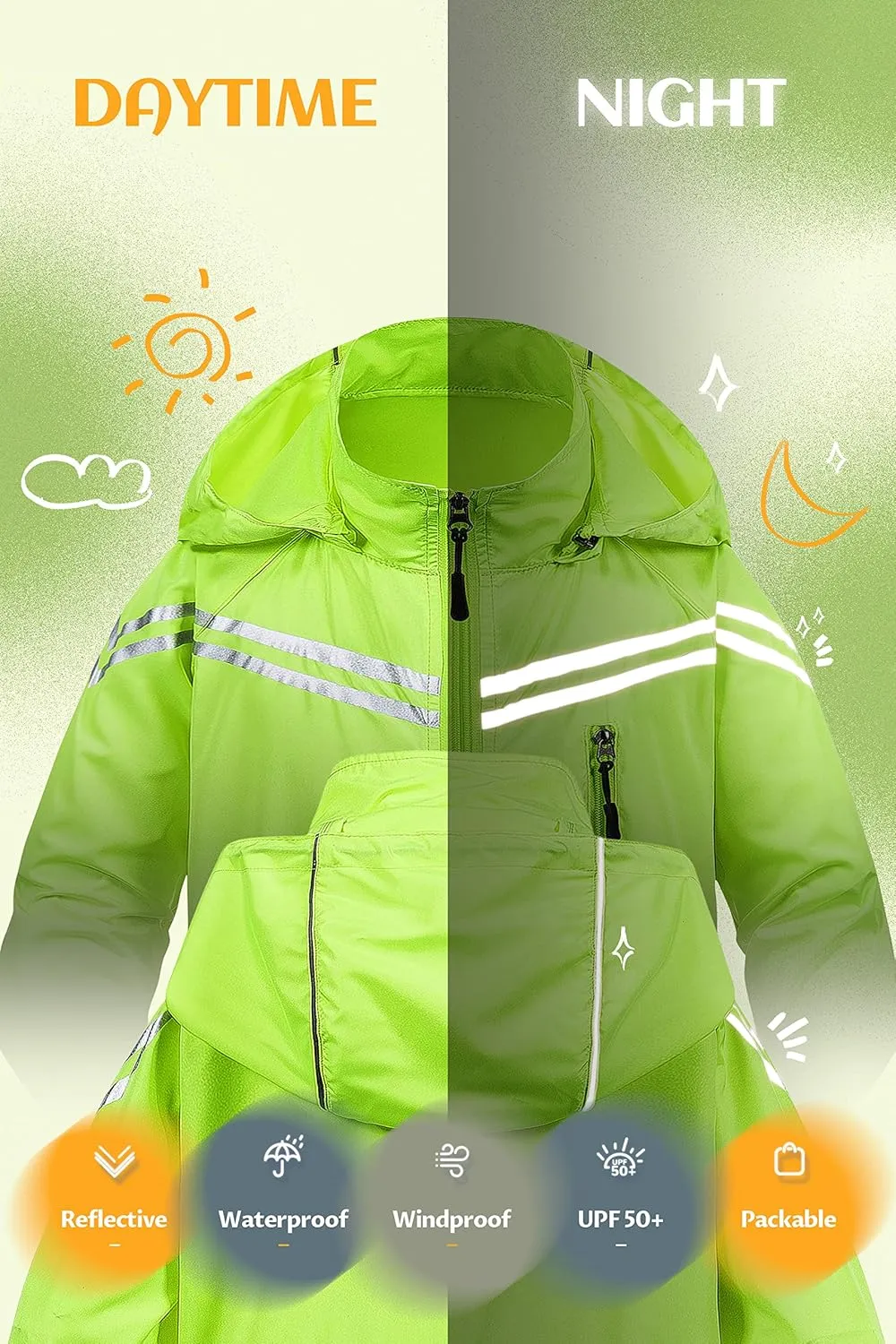 CREATMO US Boys Girls Rain Coat Kids Reflective Cycling Jacket Waterproof Packable Children Windbreaker With Removable Hood