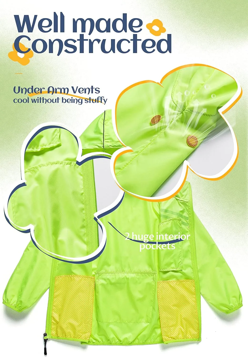 CREATMO US Boys Girls Rain Coat Kids Reflective Cycling Jacket Waterproof Packable Children Windbreaker With Removable Hood