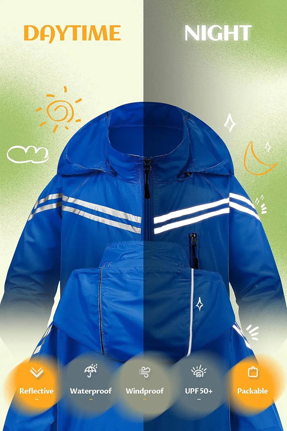 CREATMO US Boys Girls Rain Coat Kids Reflective Cycling Jacket Waterproof Packable Children Windbreaker With Removable Hood