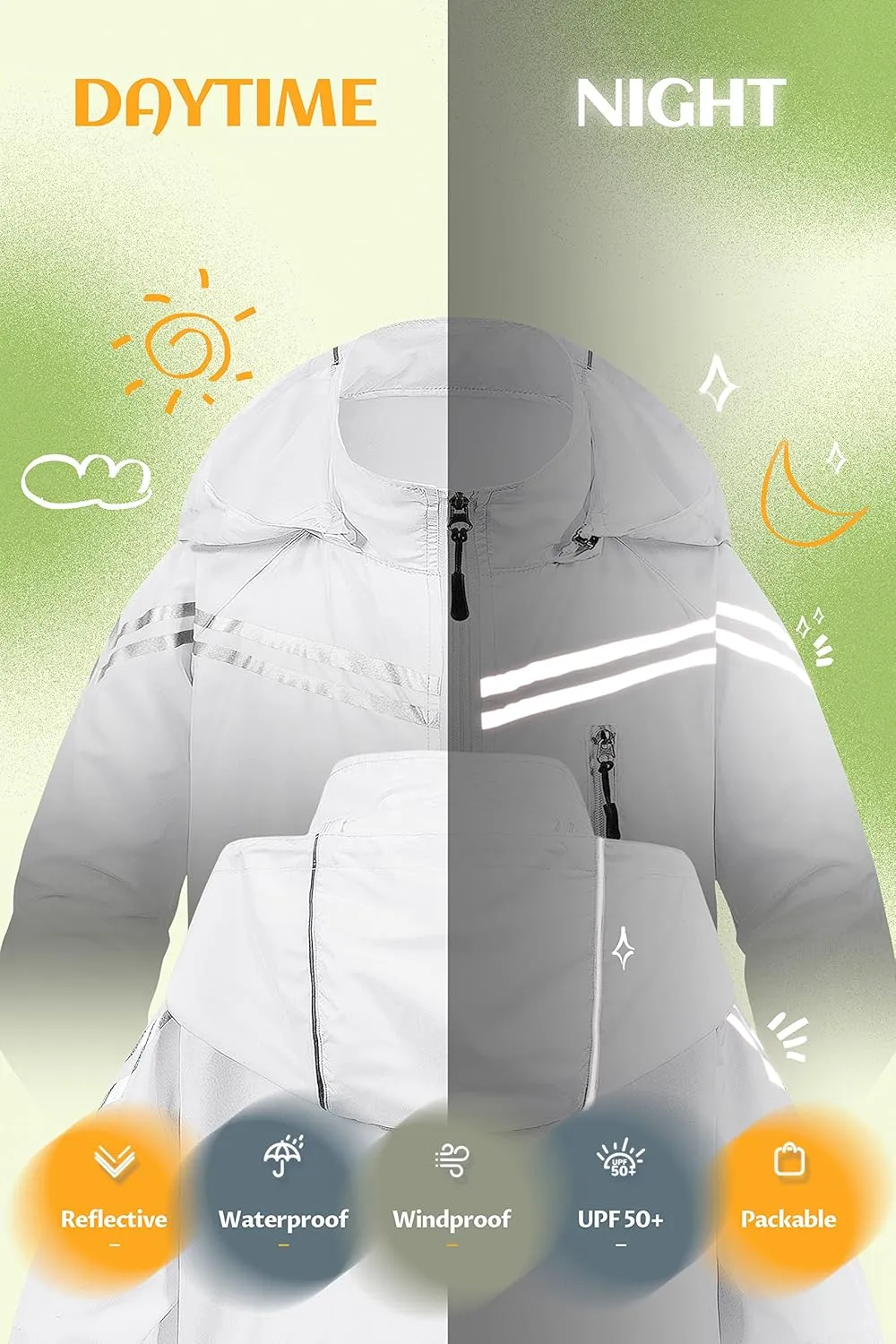CREATMO US Boys Girls Rain Coat Kids Reflective Cycling Jacket Waterproof Packable Children Windbreaker With Removable Hood