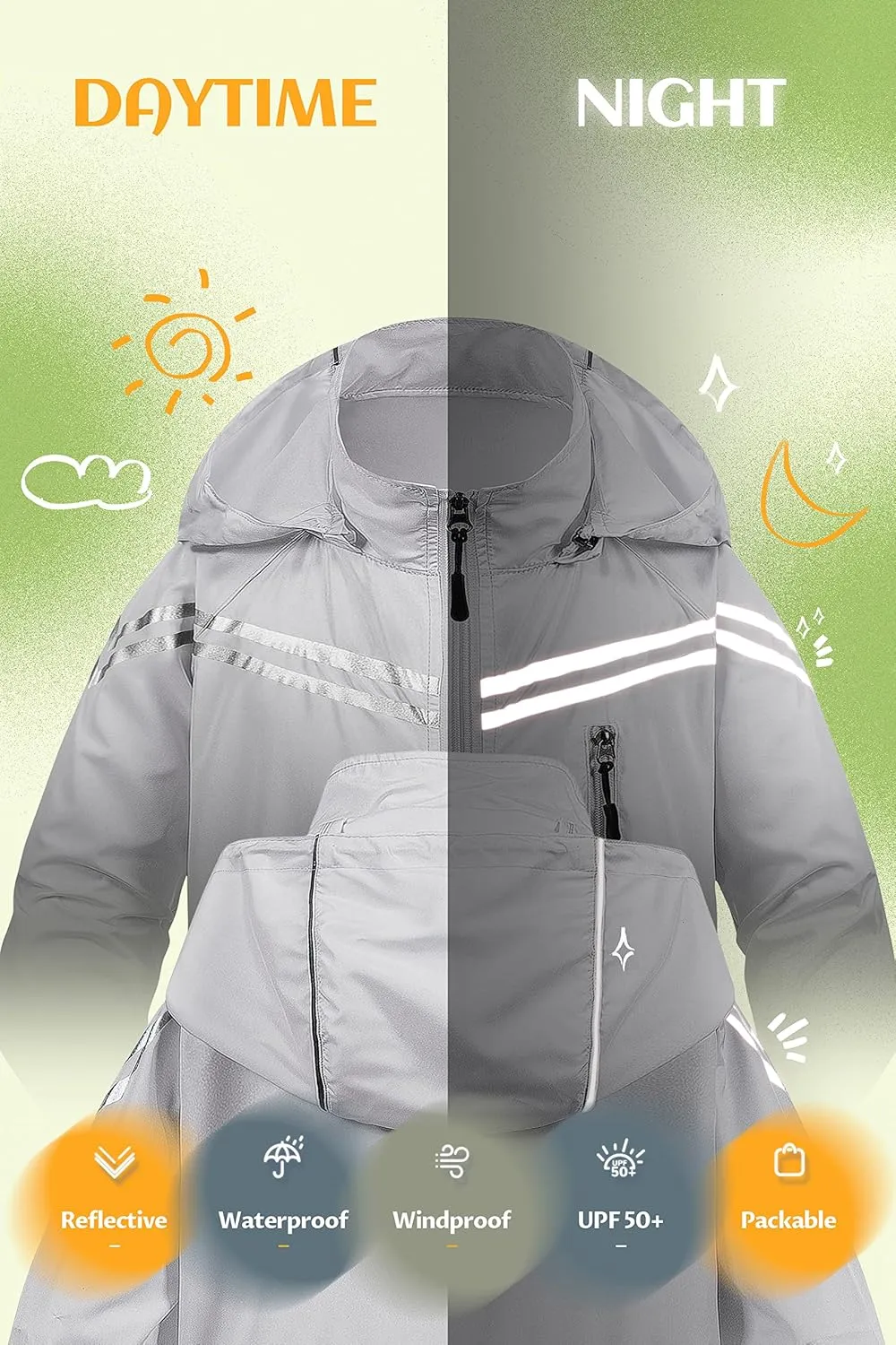 CREATMO US Boys Girls Rain Coat Kids Reflective Cycling Jacket Waterproof Packable Children Windbreaker With Removable Hood