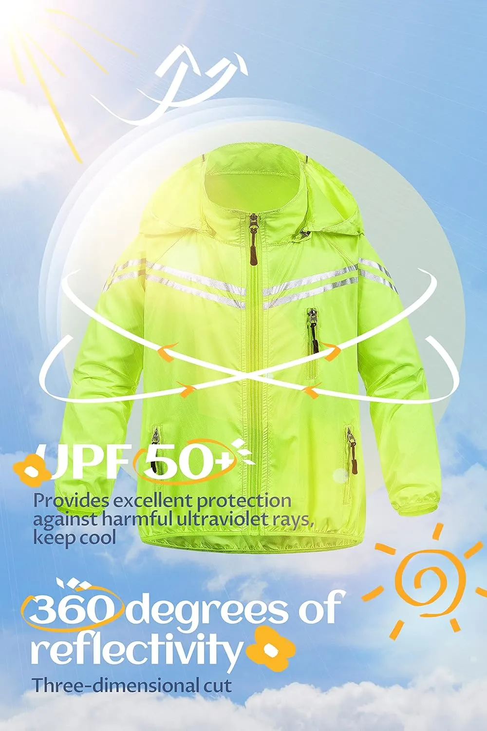 CREATMO US Boys Girls Rain Coat Kids Reflective Cycling Jacket Waterproof Packable Children Windbreaker With Removable Hood