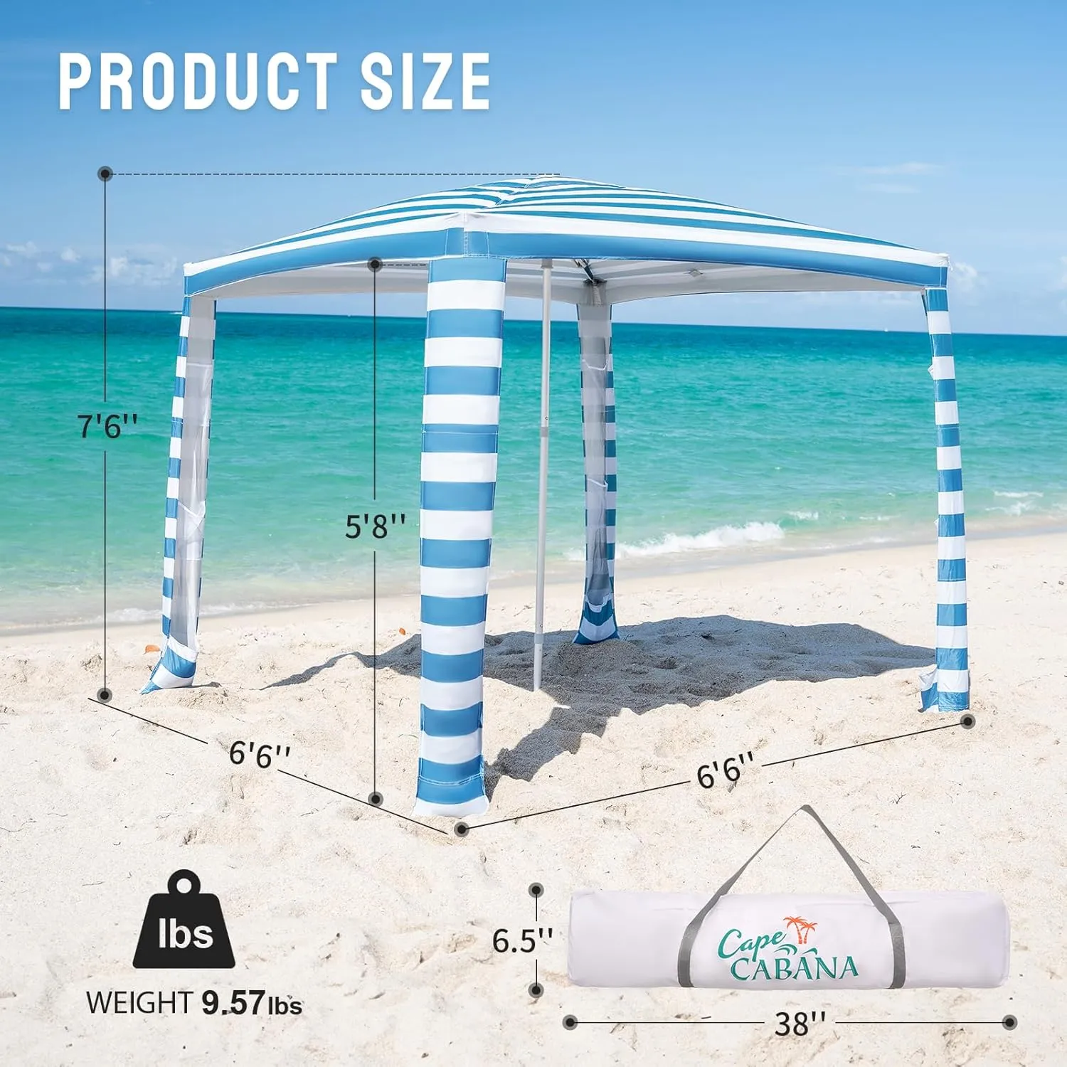 CROWN SHADES Beach Cabana 6.5 x 6.5, Cool Cabana Beach Tent Easy Pop Up - Beach Cabanas for Sand - UPF50  Protection with Sidewall and More Pockets, Sky Blue
