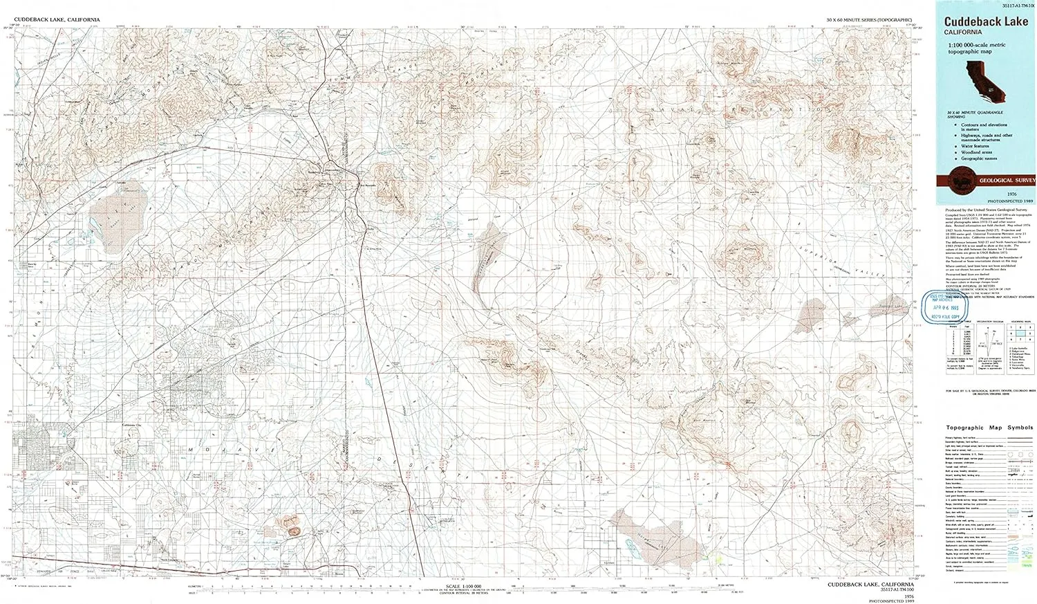 Cuddeback Lake CA topo map, 1:100000 Scale, 30 X 60 Minute, Historical, 1976, Updated 1993, 24.1 x 41.9 in