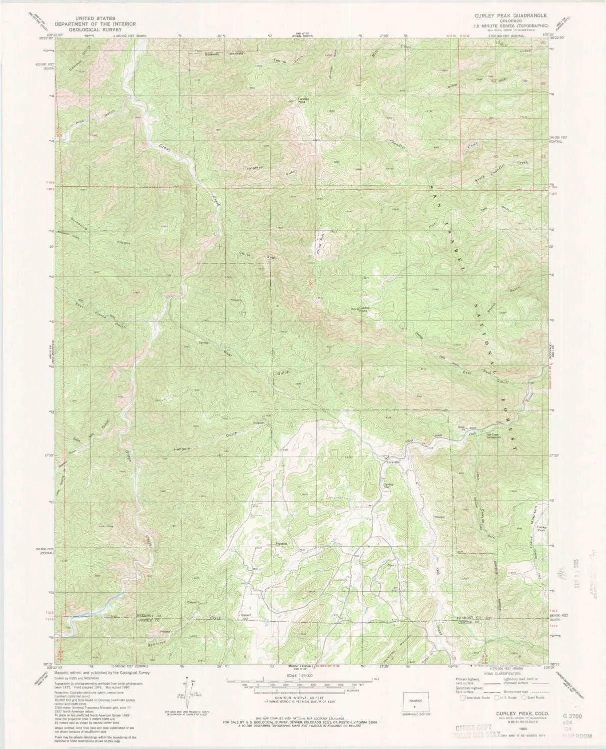 Curley Peak CO topo map, 1:24000 Scale, 7.5 X 7.5 Minute, Historical, 1980, Updated 1983, 27.1 x 21.9 in