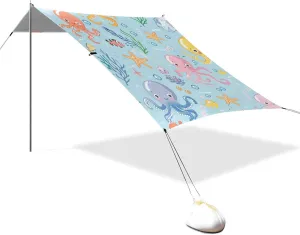 Cute Cartoon Sea Creatures Colorful Designed UPF50  Foldable Beach Tent Water-Resistant Sun Shade Includes Sand Shovel, Sandbags, Stability Poles for Camping, Fishing, Backyard Fun carpas para