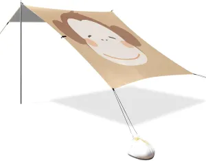 Cute Monkey Face Foldable Beach Canopy UPF50  Protection Water-Resistant Large Sun Shade with Sandbags and Shovel for Backyard and Camping