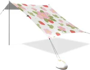 Cute Red Strawberries and Pink Flowers Designed UPF50 Stable Beach Tent Easy Setup Large Sun Shade with Sturdy Poles, Sandbags and Shovel for Camping, Fishing, Backyard Fun carpas para Playa