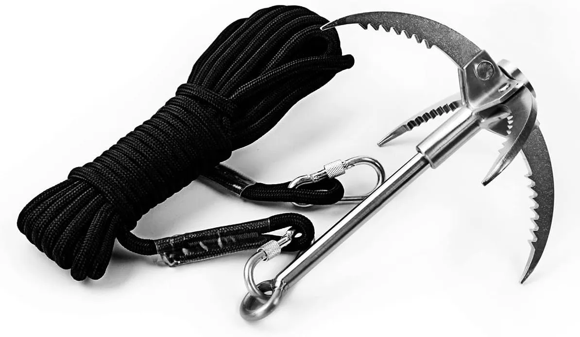 CYFIE 3-Claw 4-Claw Sawtooth Grappling Hook, with 10m/33ft 8mm Auxiliary Rope Stainless Steel Claw Carabiner for Outdoor Activity Magnet Fishing Tool