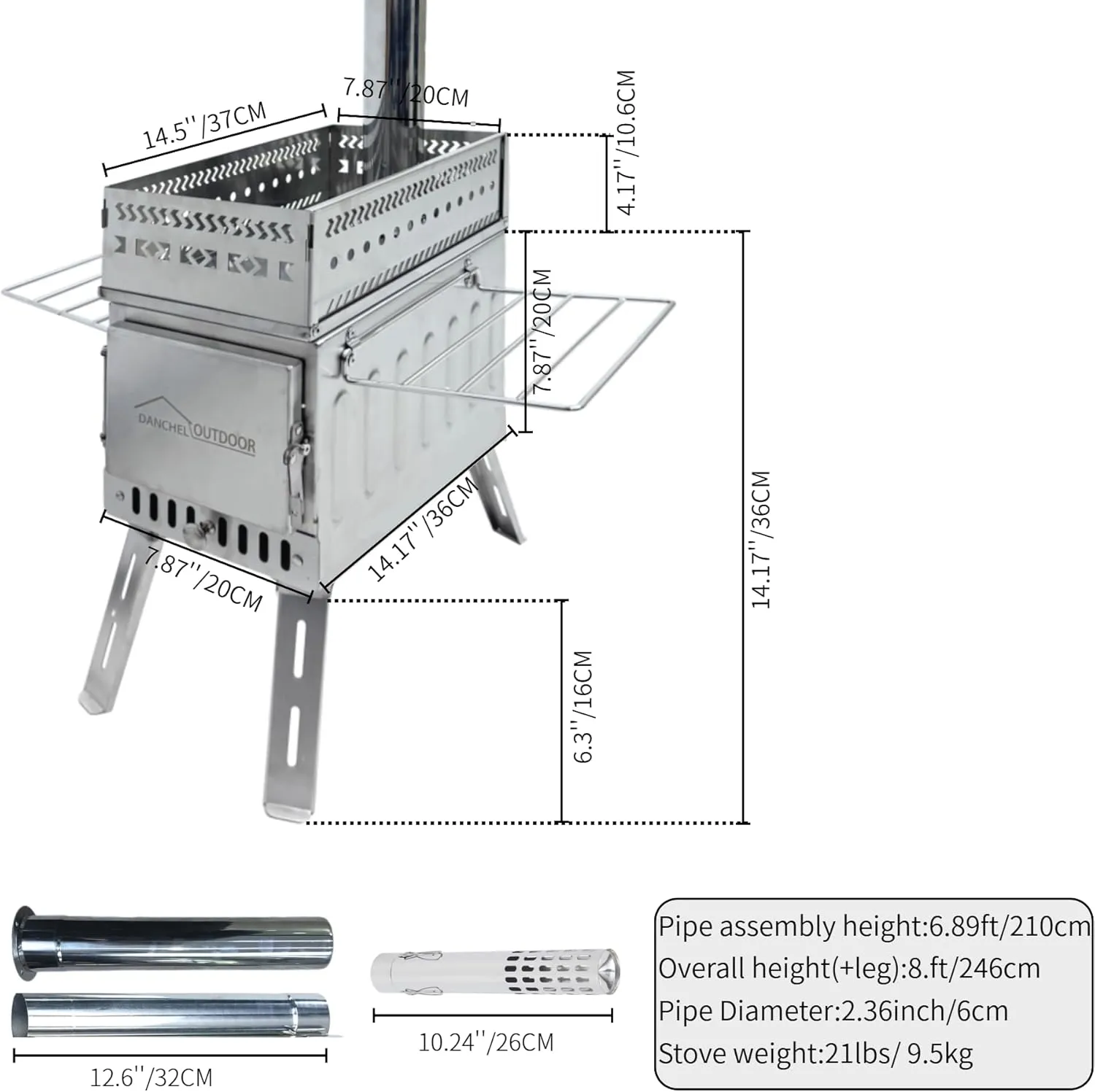 DANCHEL OUTDOOR Portable Sauna Hot Tent Stove Camping Tent Wood Stove with 82'' Pipe for Dry Sauna, Cooking, Ice Fishing, 21lbs, 14'' Length