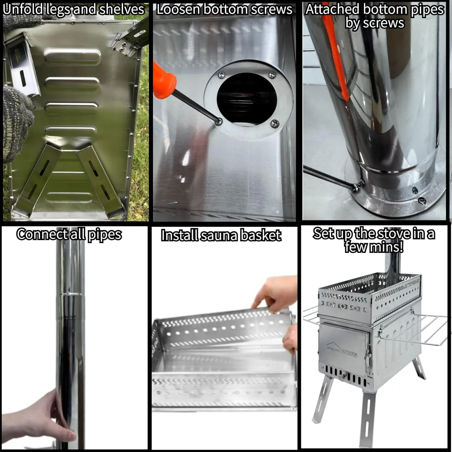DANCHEL OUTDOOR Portable Sauna Hot Tent Stove Camping Tent Wood Stove with 82'' Pipe for Dry Sauna, Cooking, Ice Fishing, 21lbs, 14'' Length
