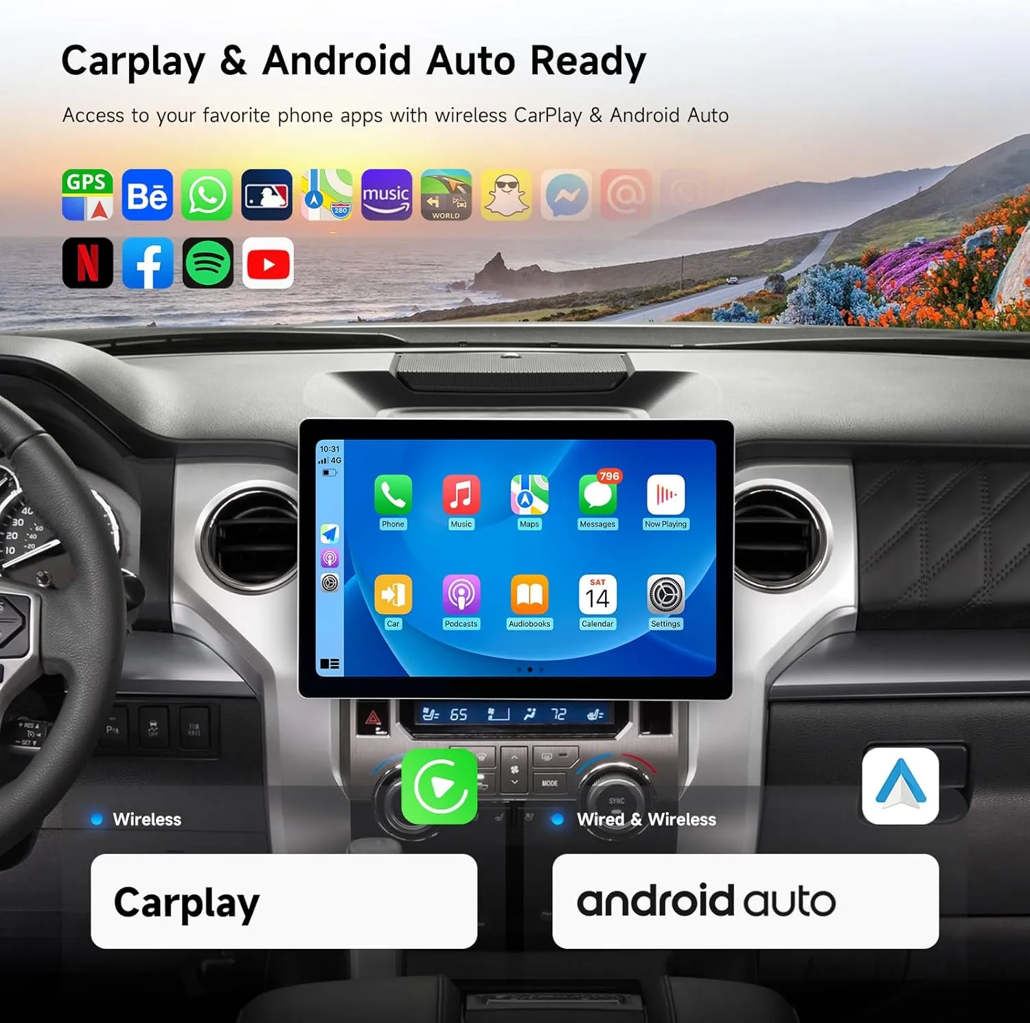 Dasaita 13.1" Double Din Radio, Android 13 Car Stereo with Wireless Carplay & Android Auto, 5G WiFi & 4G LTE, 2000 * 1200P Touch Screen Head Unit, GPS, Bluetooth 5.0, 6G RAM 64G ROM