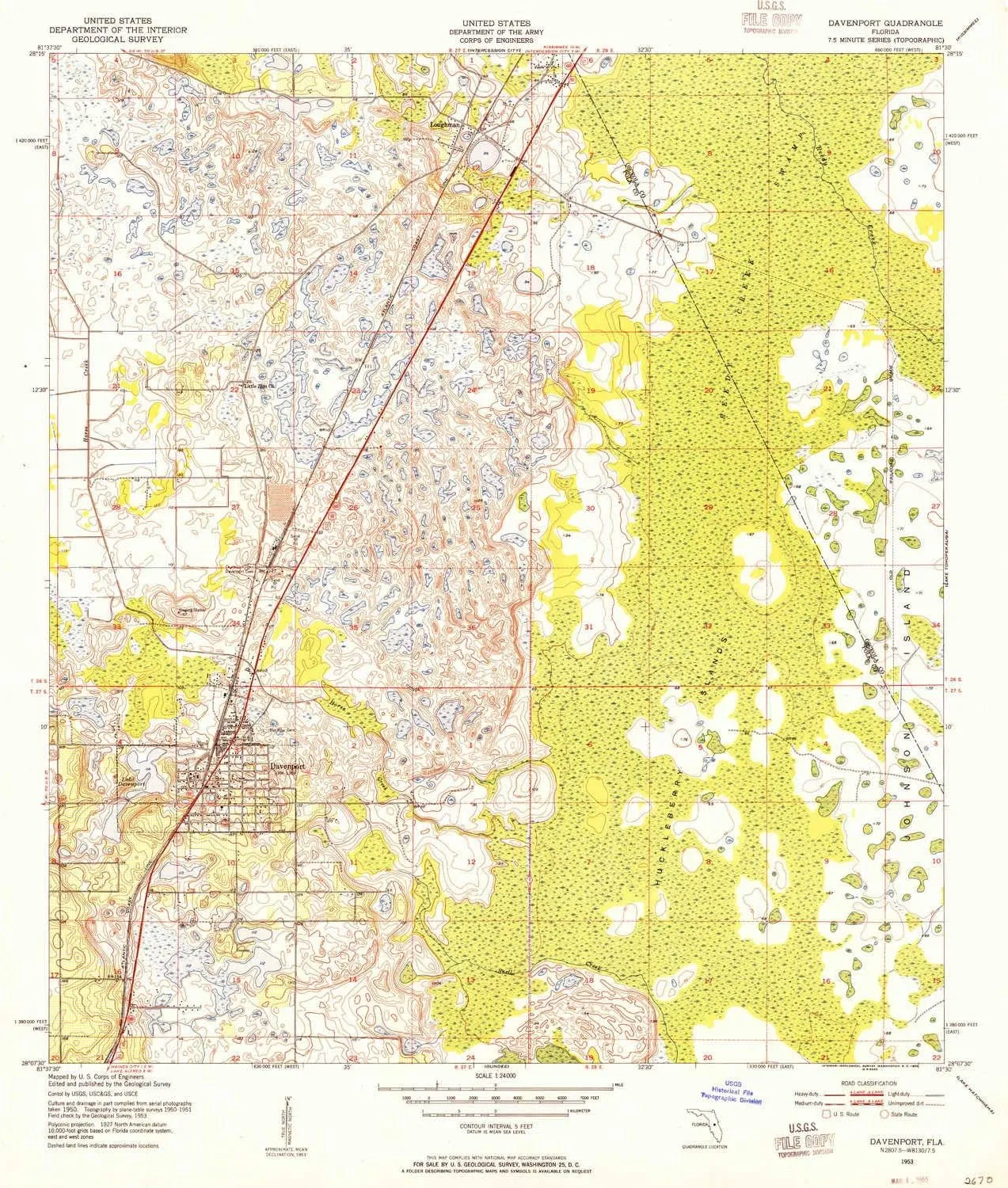 Davenport FL topo map, 1:24000 Scale, 7.5 X 7.5 Minute, Historical, 1953, Updated 1955, 26.7 x 23 in