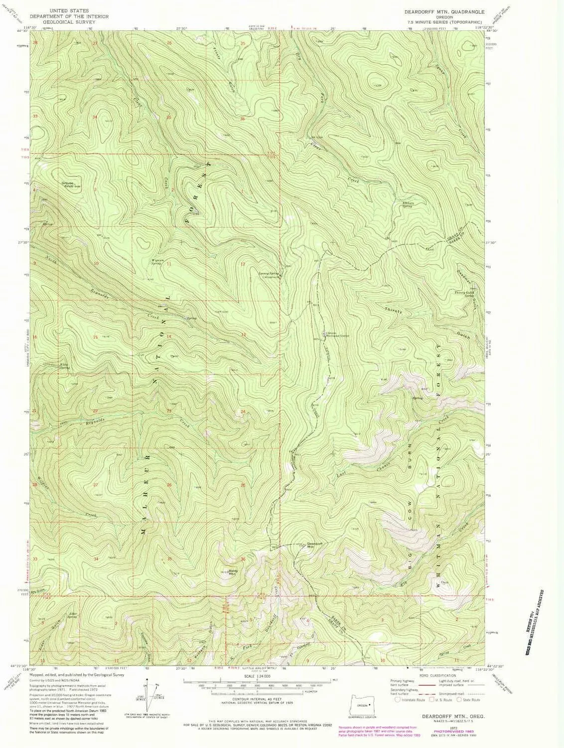 Deardorff MTN OR topo map, 1:24000 Scale, 7.5 X 7.5 Minute, Historical, 1972, Updated 1984, 26.8 x 21.9 in