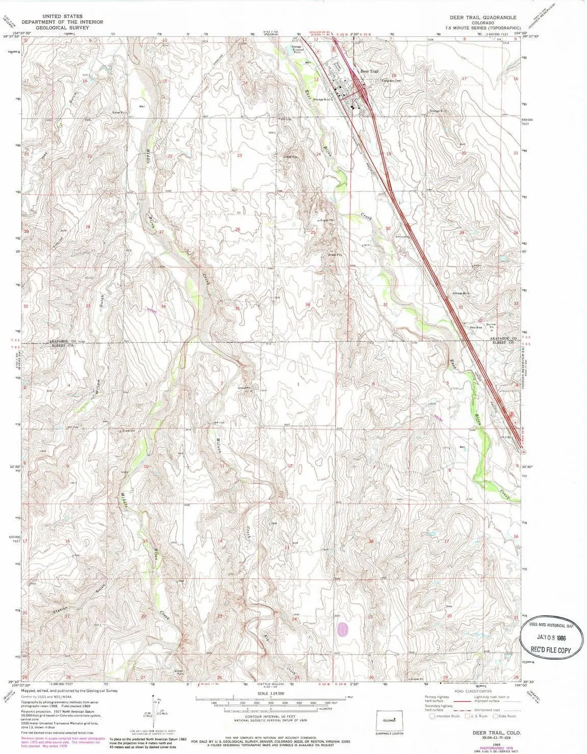 Deer Trail CO topo map, 1:24000 Scale, 7.5 X 7.5 Minute, Historical, 1969, Updated 1985, 26.9 x 22 in