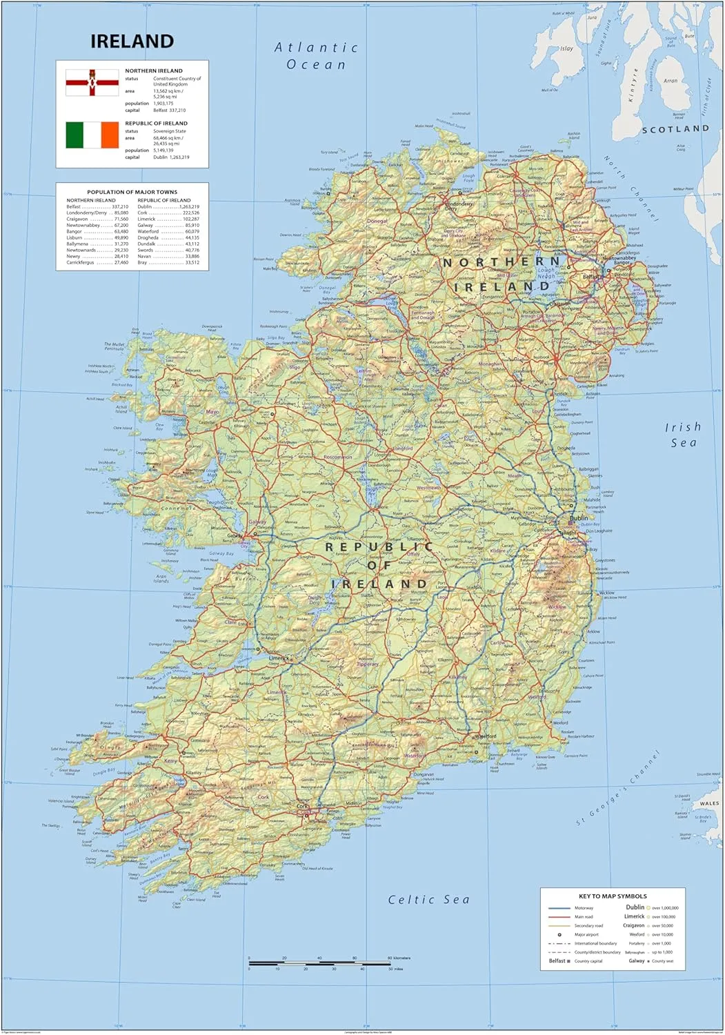 Detailed Physical Ireland Map - 23.3 x 16.5 Inches - Paper Laminated
