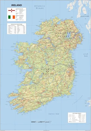 Detailed Physical Ireland Map - 23.3 x 16.5 Inches - Paper Laminated