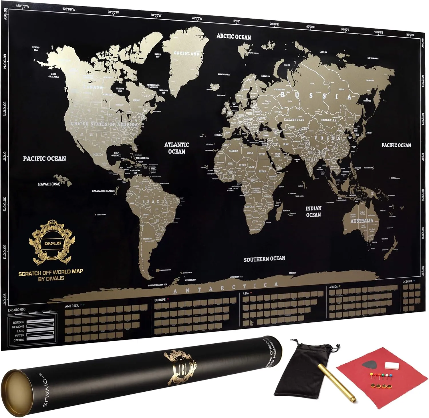 Detailed Scratch off World Map Poster - XL - Black and Gold Scratchable World Map - Glossy, Laminated Travel Poster - Full Accessories Kit - Best Gift Scratch off Map of the World By Divalis