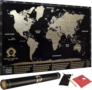 Detailed Scratch off World Map Poster - XL - Black and Gold Scratchable World Map - Glossy, Laminated Travel Poster - Full Accessories Kit - Best Gift Scratch off Map of the World By Divalis