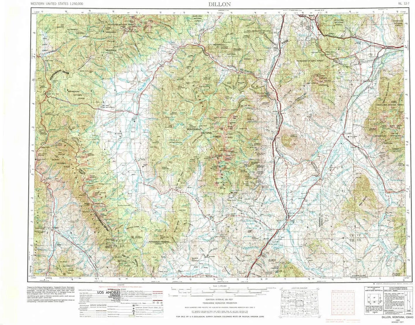 Dillon MT topo map, 1:250000 Scale, 1 X 2 Degree, Historical, 1955, Updated 1978, 22.1 x 29.2 in