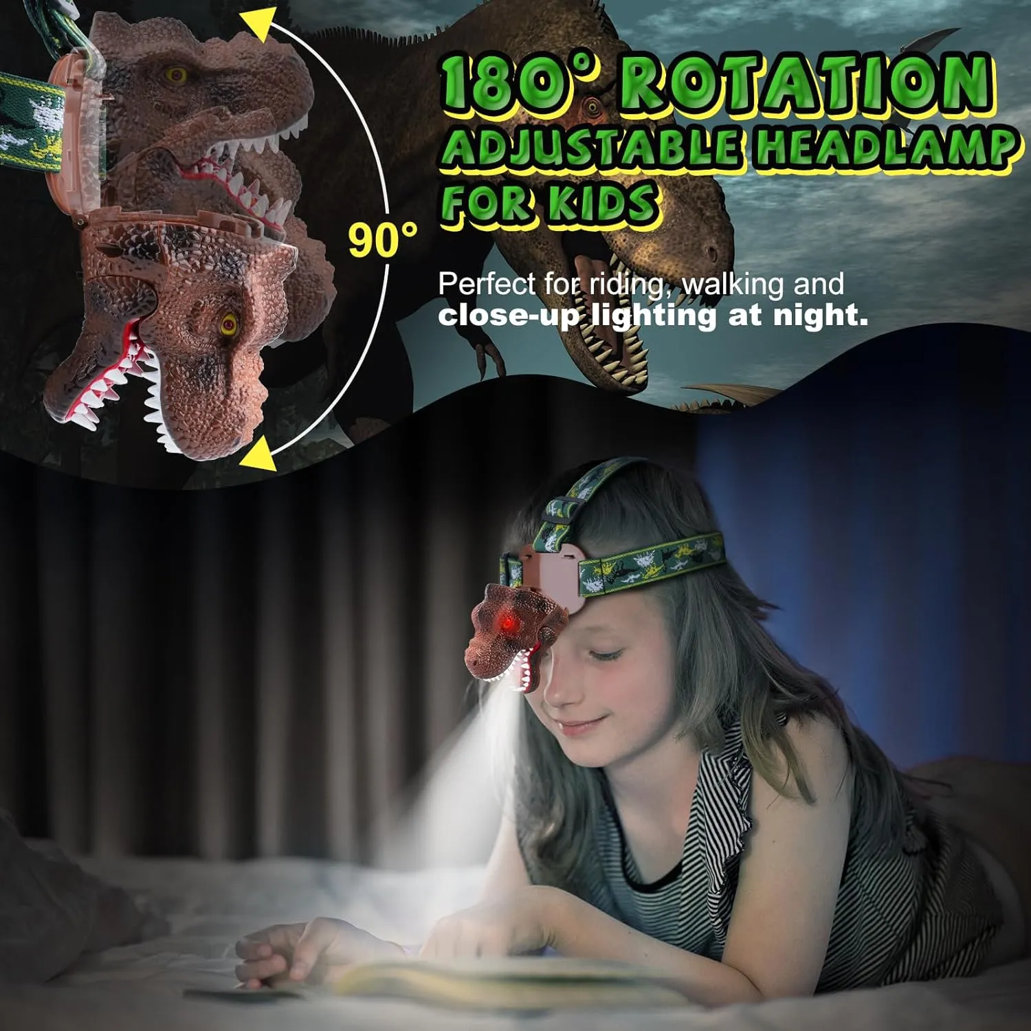 Dinosaur Headlamp for Kids Flashlight 2 Pack, Rechargeable Led Headlights Roar & Silent Mode, T-Rex Dinosaur Toys 3-5 4-6 5-7 6-8, Camping Gear, Easter Gifts for Boys Girls Adults