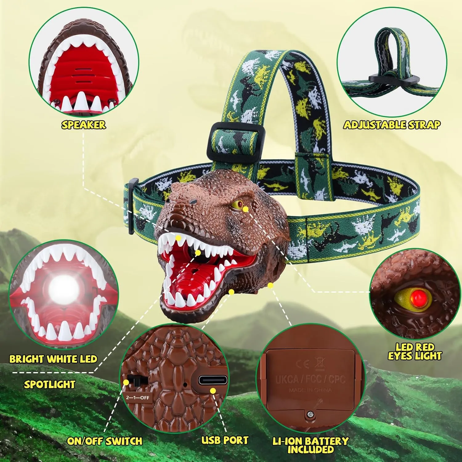 Dinosaur Headlamp for Kids Flashlight 2 Pack, Rechargeable Led Headlights Roar & Silent Mode, T-Rex Dinosaur Toys 3-5 4-6 5-7 6-8, Camping Gear, Easter Gifts for Boys Girls Adults