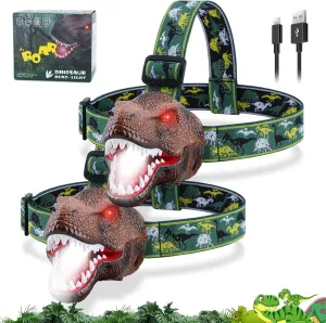 Dinosaur Headlamp for Kids Flashlight 2 Pack, Rechargeable Led Headlights Roar & Silent Mode, T-Rex Dinosaur Toys 3-5 4-6 5-7 6-8, Camping Gear, Easter Gifts for Boys Girls Adults