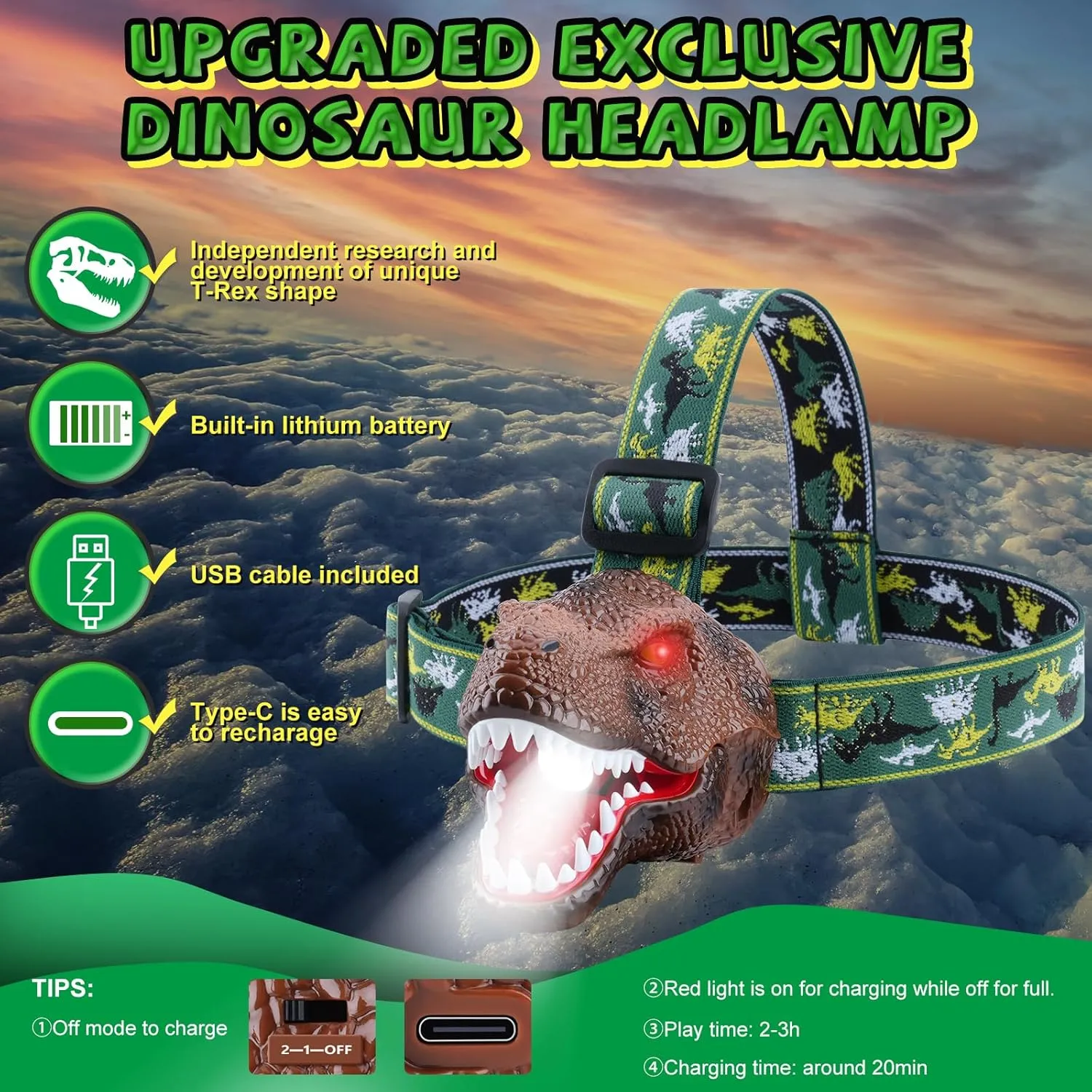 Dinosaur Headlamp for Kids Flashlight 2 Pack, Rechargeable Led Headlights Roar & Silent Mode, T-Rex Dinosaur Toys 3-5 4-6 5-7 6-8, Camping Gear, Easter Gifts for Boys Girls Adults