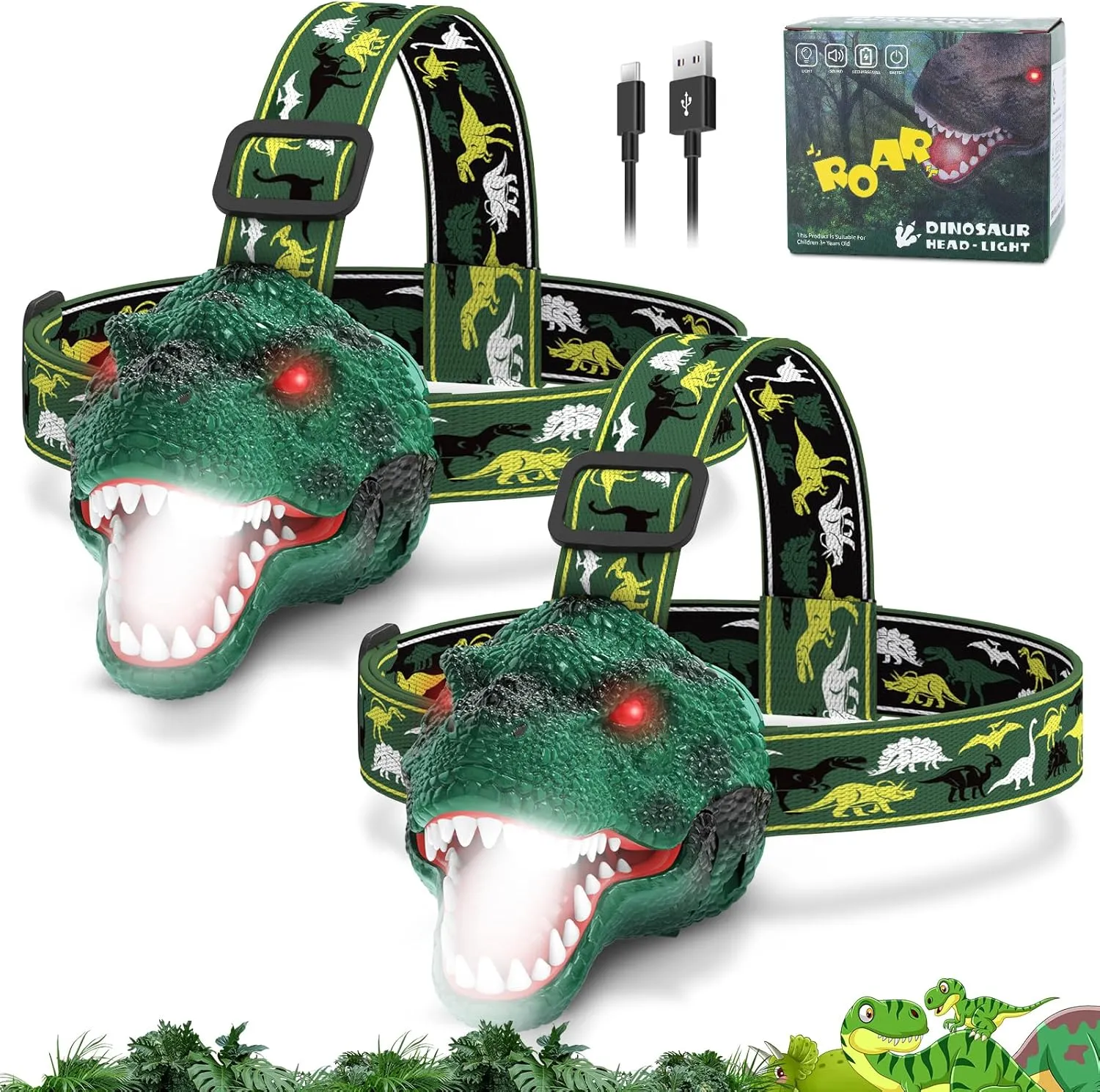Dinosaur Headlamp for Kids Flashlight 2 Pack, Rechargeable Led Headlights Roar & Silent Mode, T-Rex Dinosaur Toys, Camping Gear, Gifts for Boys Girls Adults