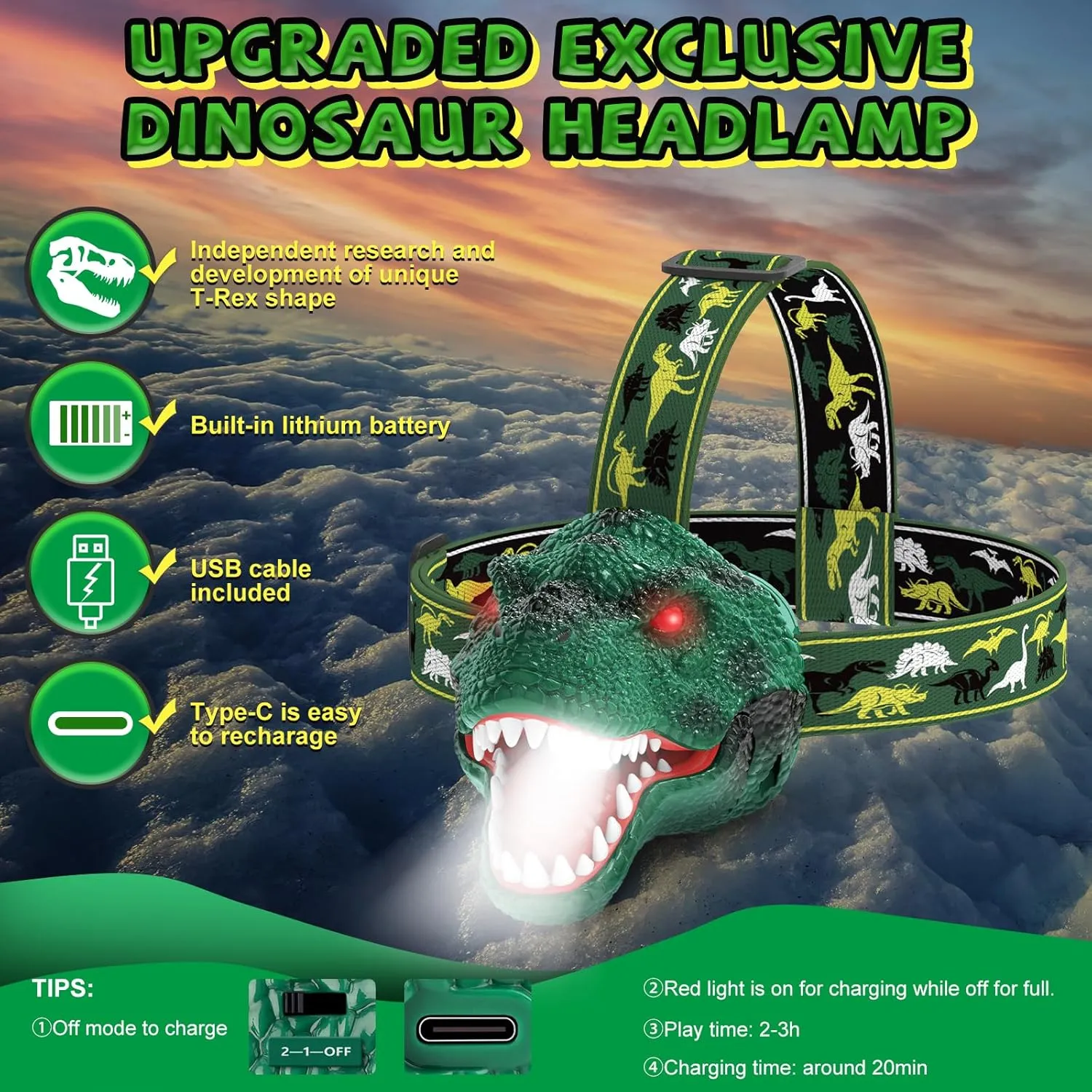 Dinosaur Headlamp for Kids Flashlight 2 Pack, Rechargeable Led Headlights Roar & Silent Mode, T-Rex Dinosaur Toys, Camping Gear, Gifts for Boys Girls Adults