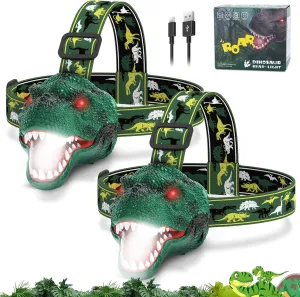 Dinosaur Headlamp for Kids Flashlight 2 Pack, Rechargeable Led Headlights Roar & Silent Mode, T-Rex Dinosaur Toys, Camping Gear, Gifts for Boys Girls Adults