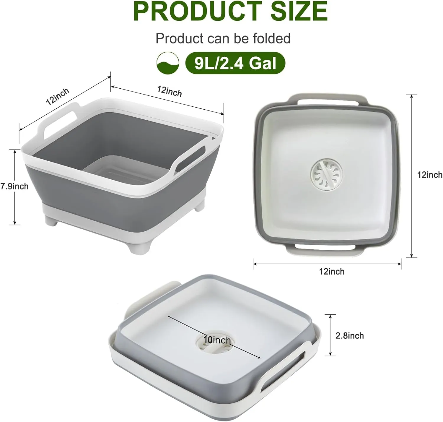 Dishpan, 9L Collapsible Washing Basin (Gray, PP, TPR), Portable Dish Tub with Drain Plug, Space-Saving Drying Rack for Kitchen, Camping, Laundry use