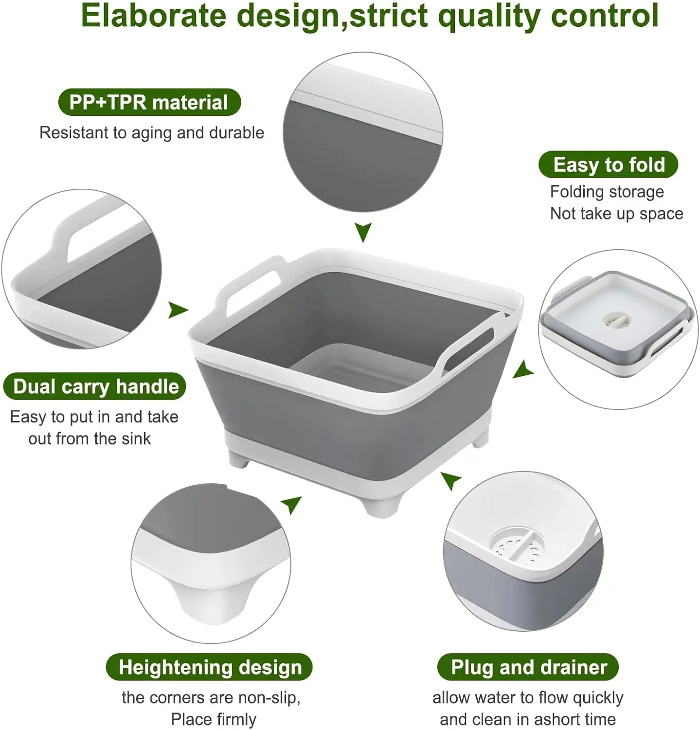 Dishpan, 9L Collapsible Washing Basin (Gray, PP, TPR), Portable Dish Tub with Drain Plug, Space-Saving Drying Rack for Kitchen, Camping, Laundry use