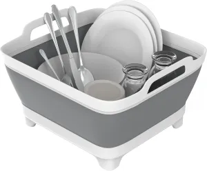 Dishpan, 9L Collapsible Washing Basin (Gray, PP, TPR), Portable Dish Tub with Drain Plug, Space-Saving Drying Rack for Kitchen, Camping, Laundry use