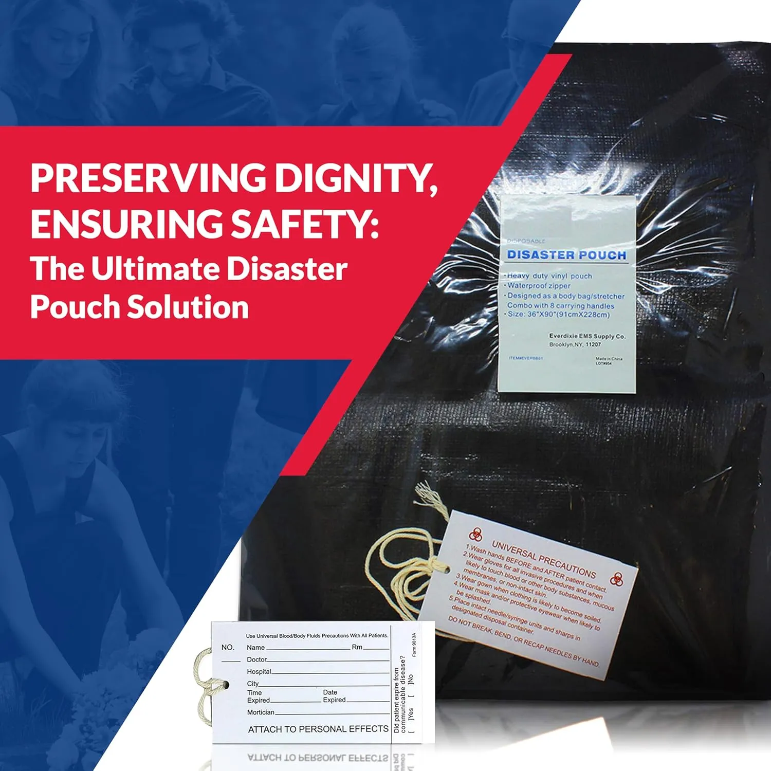 Dixie Ems Disposable Disaster Pouch Body Bag Stretcher Combo, 8 Carrying Handles, 3 Patient Tags, Heavy Duty Vinyl Pouch, Waterproof Zipper
