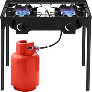 Double Propane Outdoor Burner, 150,000 BTU Camping Cooker,Heavy Duty Iron Cast Patio Burner with Removable Legs, Portable Propane Stove Gas Cooker for Home Brewing, Stir Frying, Camping, Tailgating