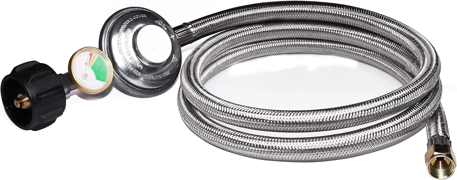 DOZYANT 5 Feet Propane Regulator Hose Replacement with Propane Tank Gauge, Stainless Steel Braided Hose for Burner Stove, Gas Water Heater, Forced Air Heater, Smoker, Burner