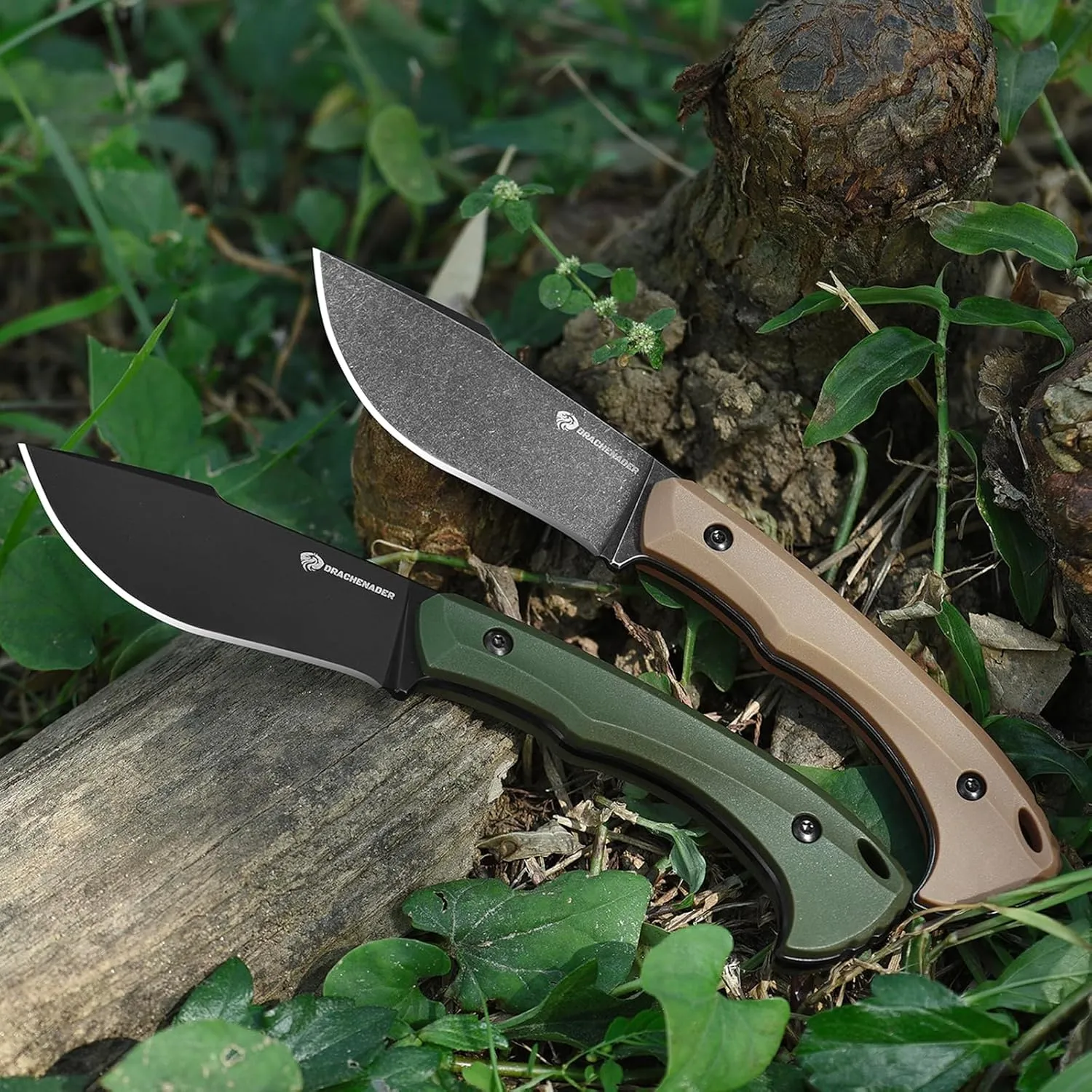DRACHENADDER 7.68" Small Fixed Blade Knife with Fire Starter L-Y, Full Tang Survival Knife w/Sheath and Clip, Camping, Green  Black