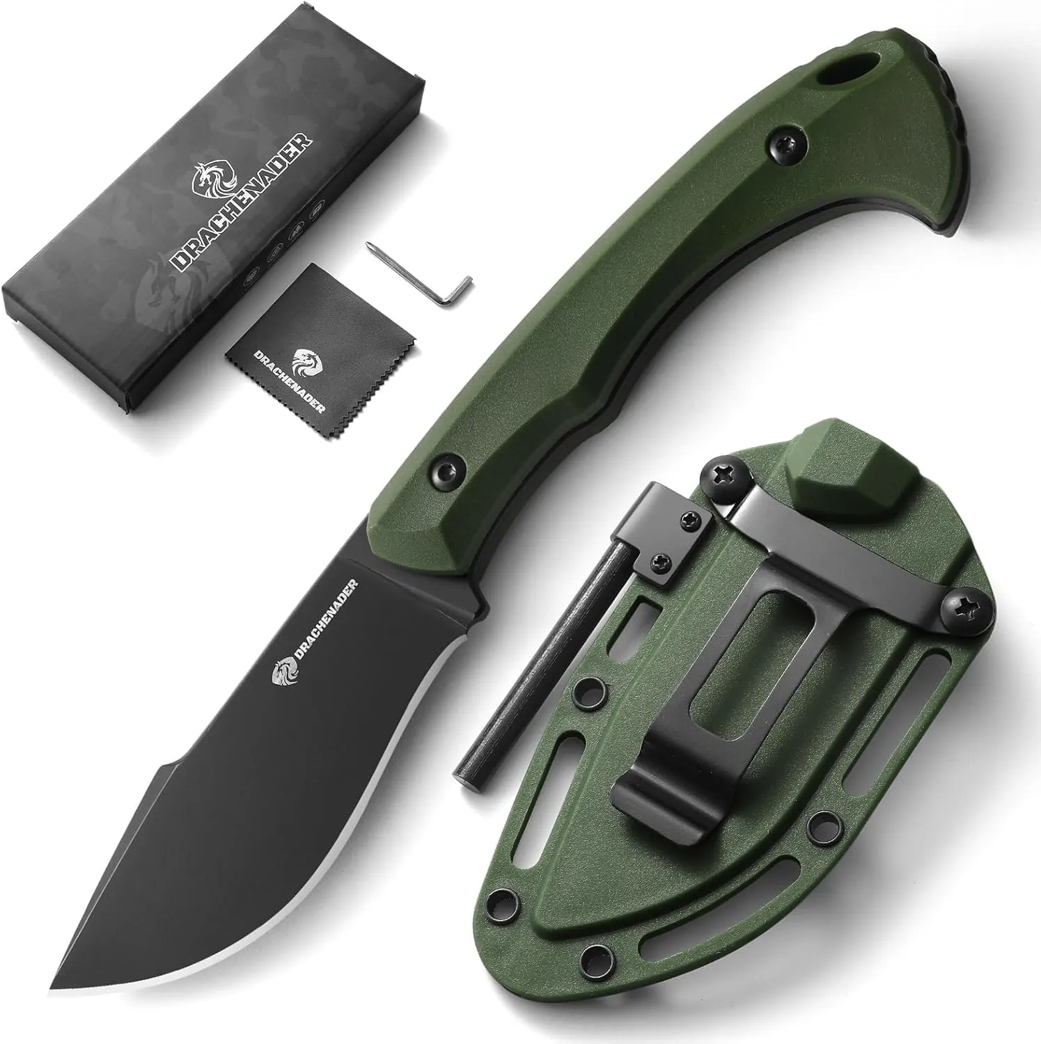 DRACHENADDER 7.68" Small Fixed Blade Knife with Fire Starter L-Y, Full Tang Survival Knife w/Sheath and Clip, Camping, Green  Black