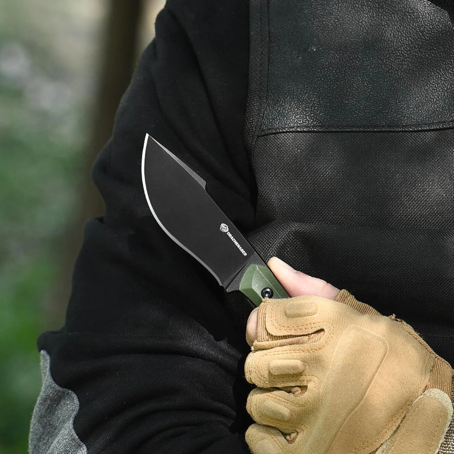DRACHENADDER 7.68" Small Fixed Blade Knife with Fire Starter L-Y, Full Tang Survival Knife w/Sheath and Clip, Camping, Green  Black