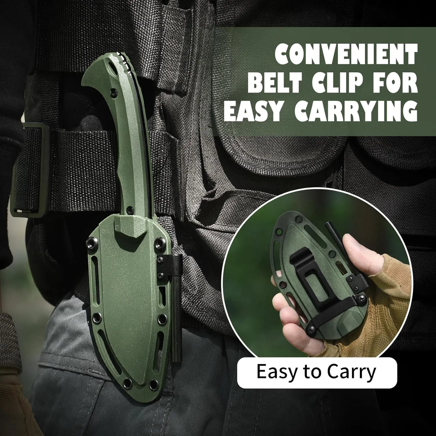 DRACHENADDER 7.68" Small Fixed Blade Knife with Fire Starter L-Y, Full Tang Survival Knife w/Sheath and Clip, Camping, Green  Black