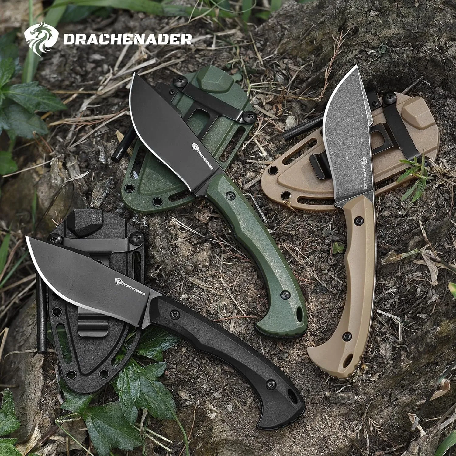 DRACHENADDER 7.68" Small Fixed Blade Knife with Fire Starter L-Y, Full Tang Survival Knife w/Sheath and Clip, Camping, Green  Black