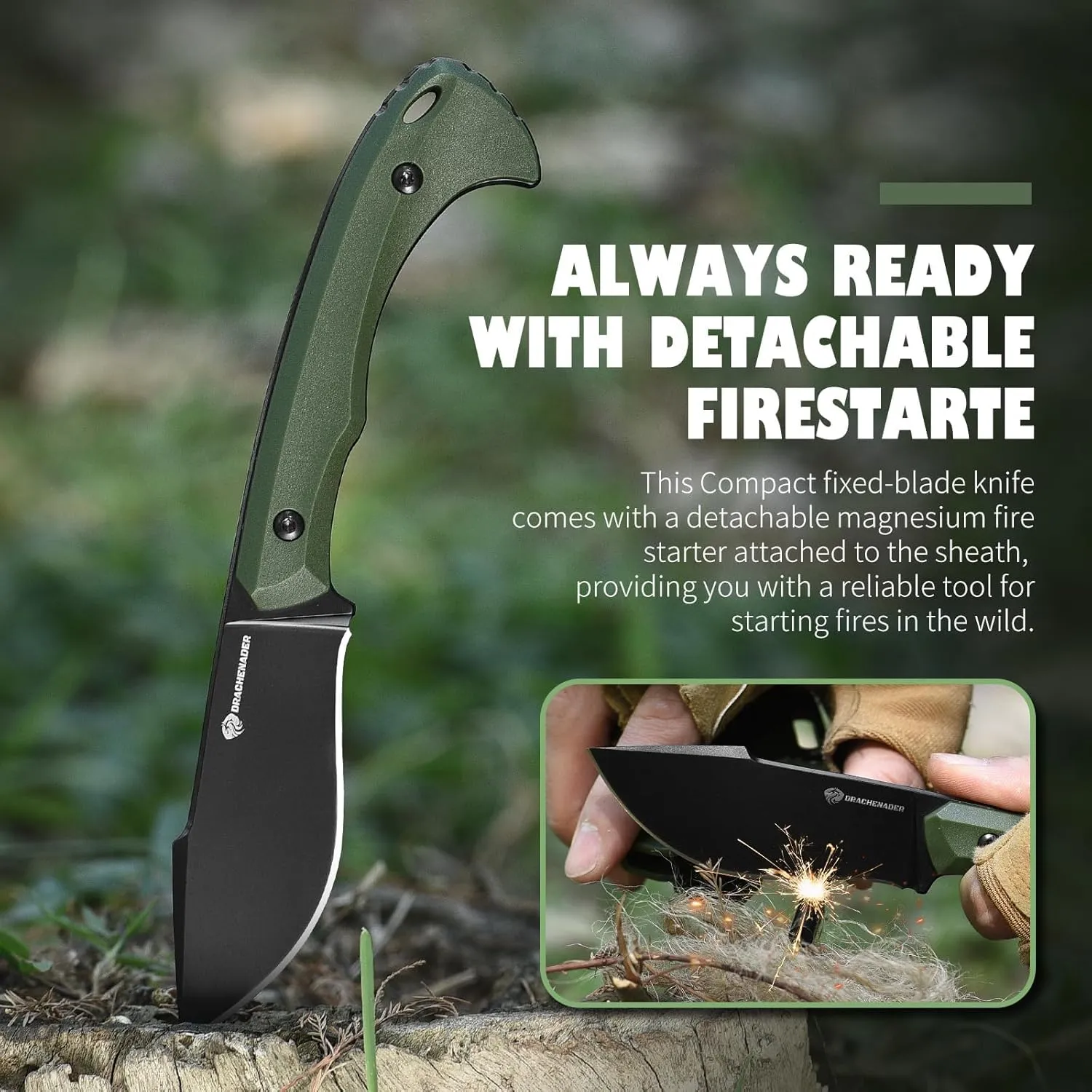 DRACHENADDER 7.68" Small Fixed Blade Knife with Fire Starter L-Y, Full Tang Survival Knife w/Sheath and Clip, Camping, Green  Black