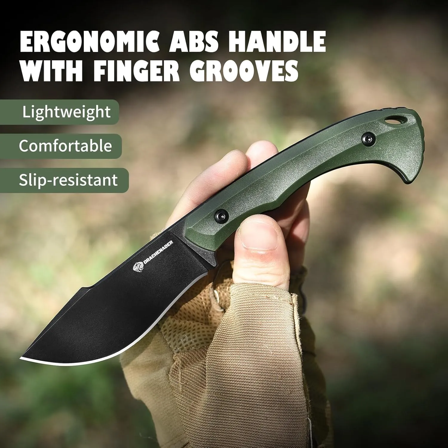 DRACHENADDER 7.68" Small Fixed Blade Knife with Fire Starter L-Y, Full Tang Survival Knife w/Sheath and Clip, Camping, Green  Black