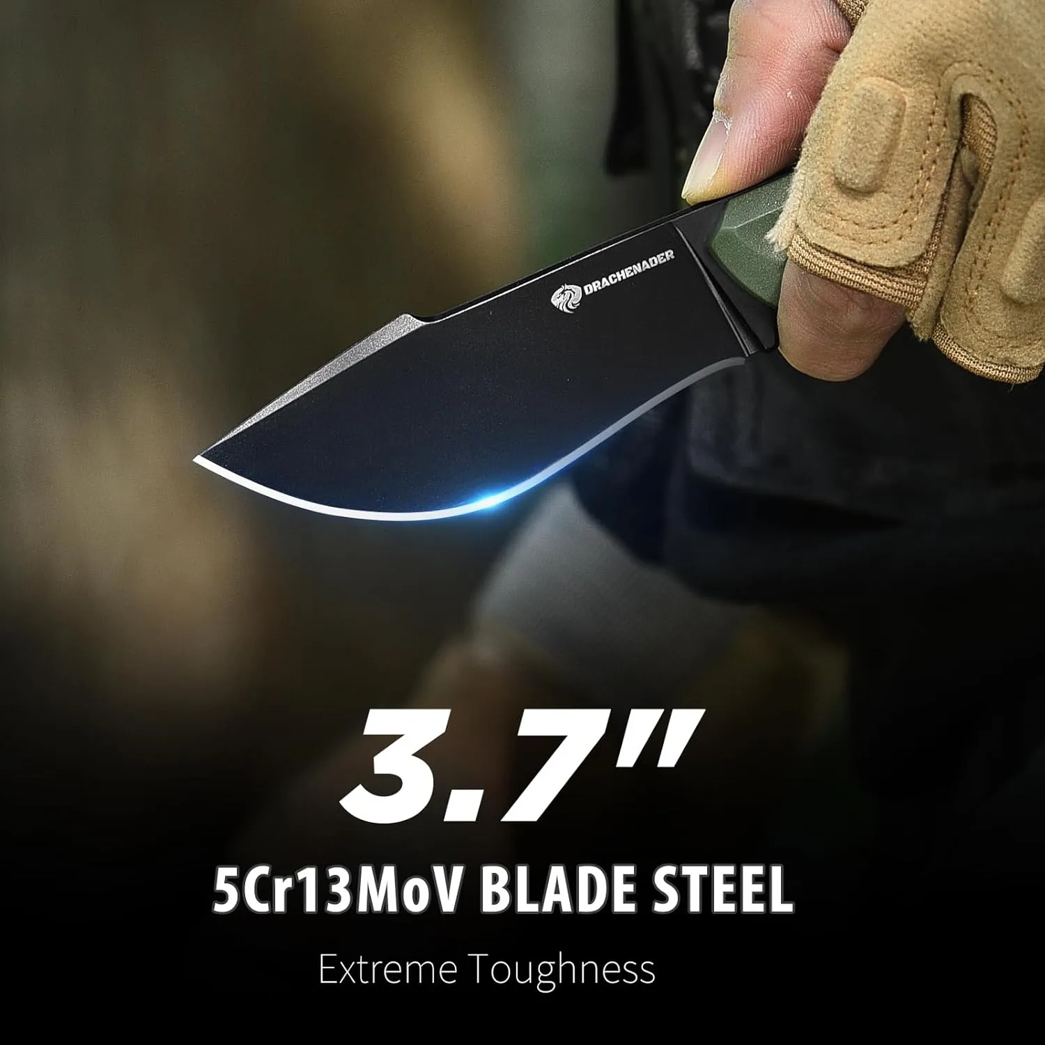 DRACHENADDER 7.68" Small Fixed Blade Knife with Fire Starter L-Y, Full Tang Survival Knife w/Sheath and Clip, Camping, Green  Black
