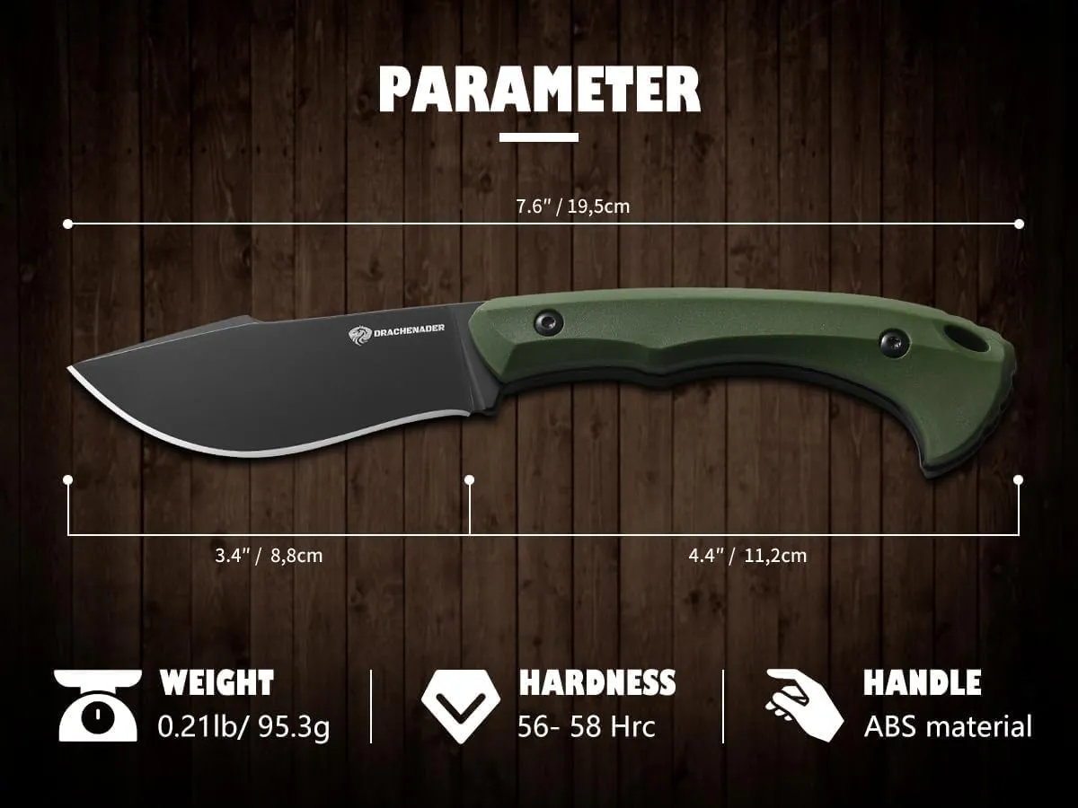 DRACHENADDER 7.68" Small Fixed Blade Knife with Fire Starter L-Y, Full Tang Survival Knife w/Sheath and Clip, Camping, Green  Black