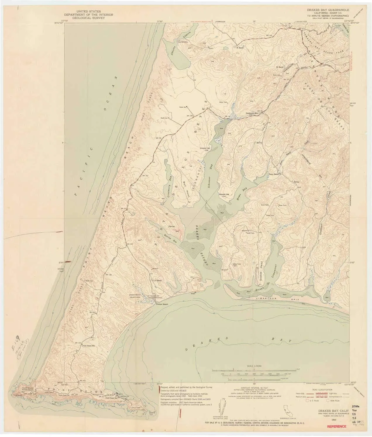 Drakes Bay CA topo map, 1:24000 Scale, 7.5 X 7.5 Minute, Historical, 1953, Updated 1955, 27.7 x 23.5 in
