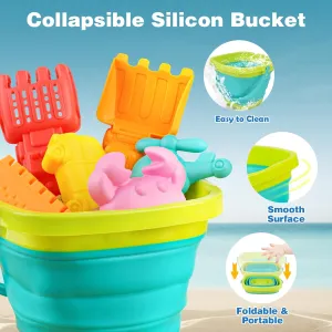 Dreamon Beach Sand Toys for Kids, Sandbox Toys with Collapsible Beach Bucket, 2 Dump Trucks, Mesh Bag, Shovel Sieve, Sand Castle Building Kit, Animal Molds, Travel Beach Toys for Toddler Boys Girls